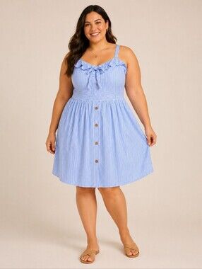 Dash of Glitter Striped Sun Dress Women XXL Milkmaid Cottagecore Coastal Blue